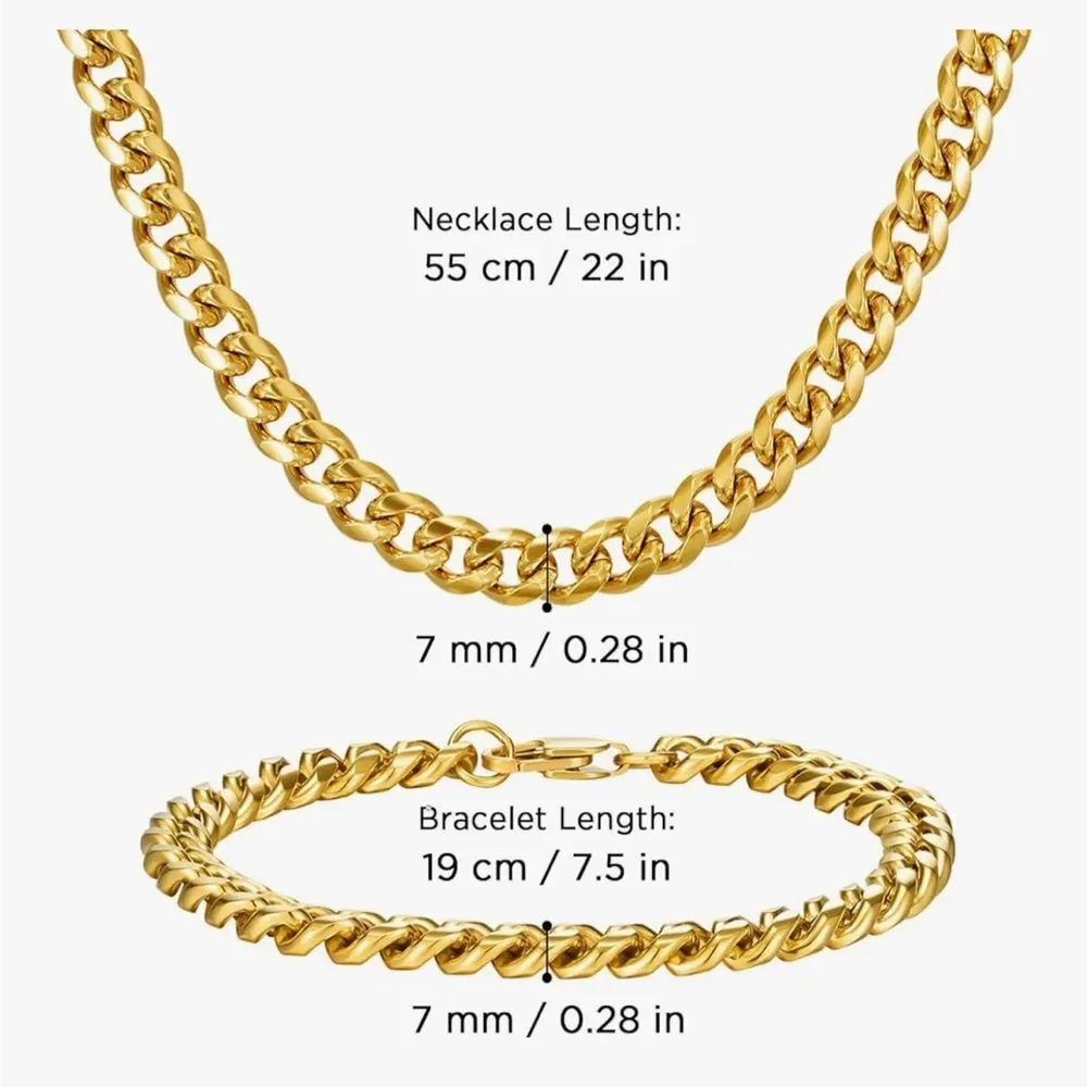 18K Gold Cuban Chain Set 8MM Necklace & 7MM Bracelet Set 22” + 7.5” Statement